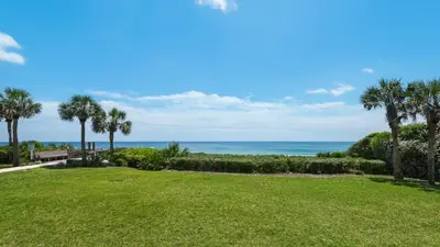 a view of the ocean from a park with palm trees at Palms A3 in Santa Rosa Beach