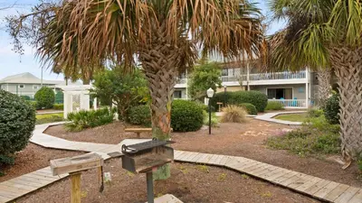 a park with a bench and a palm tree at Beachwood Villas 9B in Santa Rosa Beach