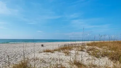 a beach with a trashcan in the sand and the ocean at Sandy Teauxs in Panama City Beach