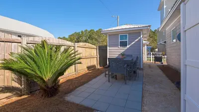 a patio with a palm tree and a fence at A Slice of Lime in Santa Rosa Beach