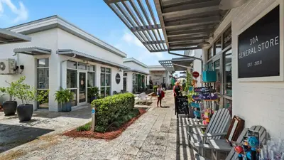 a group of shops with people walking in front of them at Our Happy Place in Inlet Beach