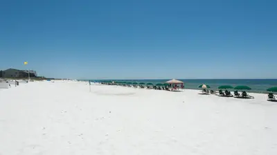 a beach with umbrellas and people sitting on the sand at Sublime in Seagrove Beach