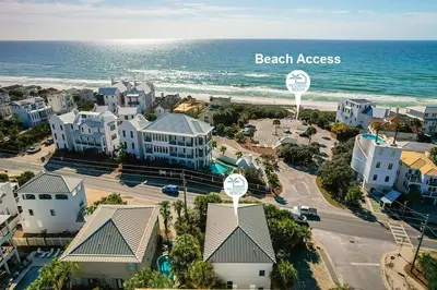 an aerial view of a beach area with houses and the ocean at The Retreat in Santa Rosa Beach