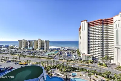 a view of a city with buildings and the ocean at Beautiful Condo with Ocean View from 15th Floor in Panama City Beach