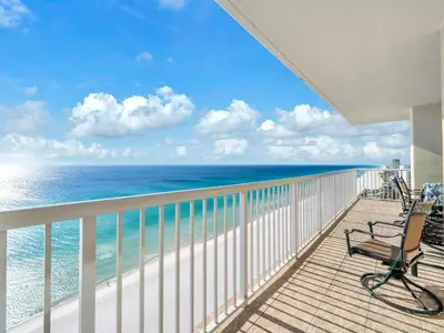 a balcony with a view of the ocean at Majestic Beach Towers 1-1701 in Panama City Beach