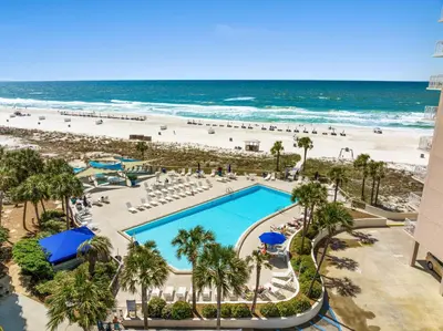 an aerial view of the beach and pool at the resort at Enjoy A Birds Eye View at Panama City Beach in Panama City Beach