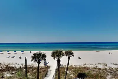 a beach with palm trees in front of the ocean at Edgewater Windward #204 in Panama City Beach