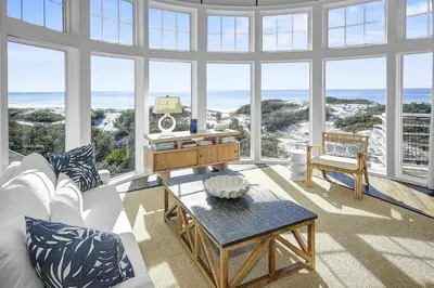a living room with a view of the ocean at GULF FRONT PENTHOUSE CONDO COMPLIMENTARY GOLF CART 407 Compass Point 1, WaterSound - 3 BR, SLPS 8 condo in Panama City Beach