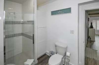 a white bathroom with a toilet and a shower at Gulf Front Home in Seagrove Beach, FL with 3 Bedrooms and 3 Bathrooms home in Santa Rosa Beach