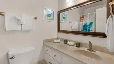 a bathroom with a sink and a mirror at Blue Nine 3 in Panama City Beach