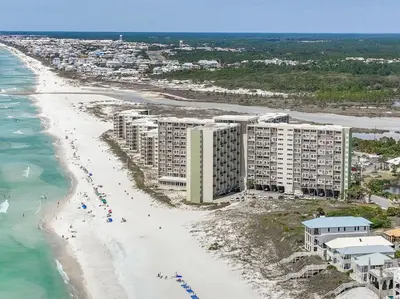 an aerial view of a beach with condos at Pinnacle Port A-910 in Panama City Beach