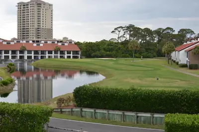 a view of the golf course at the resort at Gulf front condo in Panama City Beach
