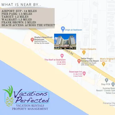 a map of the location of aventura preferred vacation rentals property management at Origin at Seahaven 403 - Spacious 3 Bedroom withSunset View! Free Fun! condo in Panama City Beach