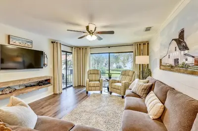 a living room with a couch and a flat screen tv at Edgewater Villas #2108 - 2 Bedroom 2Bath Sleeps 8, Free Gas Card & Free Fun! condo in Panama City Beach