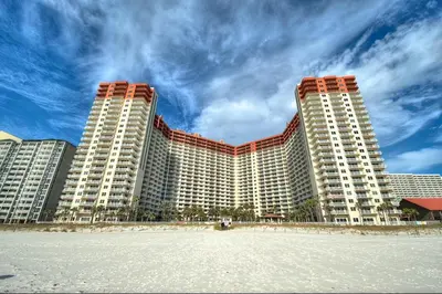 a view of the resort from the beach at Shores of Panama 1506, Perfect for a Great Couples Getaway! Free Fun! Reserved Parking condo in Panama City Beach
