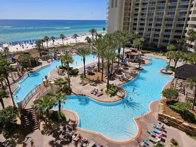 an aerial view of a swimming pool at a resort at Shores of Panama 621-Sleeps 8, Free Beach Fun! Reserved Parking Space! condo in Panama City Beach