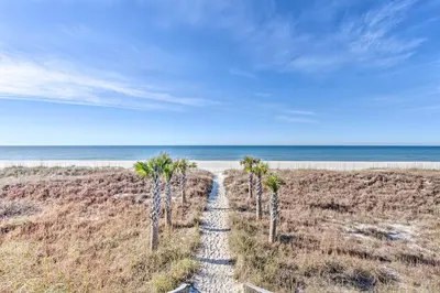 a path leading to a beach with palm trees at Pool and Beach Access Sunnyside 55 in PCB! in Panama City