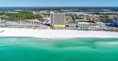 an aerial view of a beach with buildings and the ocean at Penthouse! Beautiful Views! Newly Remodeled and Listed! in Panama City Beach
