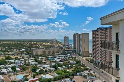 an aerial view of a city with buildings at Across From The Beach! Near Pier Park & Dining! Sleeps 6! 2 BR / 2 BA! in Panama City Beach