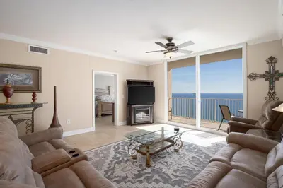 a living room with a view of the ocean at Sleep in Comfort in The Most Spacious 2 Bedrooms Tidewater Has to Offer in Panama City Beach