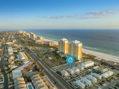 an aerial view of a city and the ocean at Fabulous Modern Beach House - 4BR, 35BA: POOL/Beach View & Access/Balcony in Panama City Beach