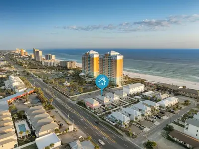 an aerial view of a city and the ocean at Fabulous Modern Beach House - 4BR, 35BA: POOL/Beach View & Access/Balcony in Panama City Beach