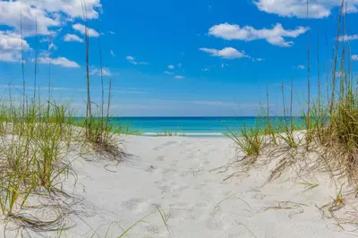 a beach with grass and the ocean in the background at Contemporary Bungalow / West End PCB / Available NOW! / Perfect for Family in Panama City Beach