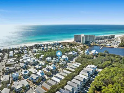 an aerial view of a beach with houses and the ocean at Quaint 2BR/25BA Cottage Nestled Between 30A & Panama City Beach! Sleeps 6! in Panama City Beach
