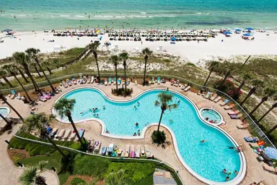 an overhead view of a swimming pool at a beach at Come See Why This Is The Best Condo At Grand Panama! Rooftop Pool+Tiki Bar in Panama City Beach