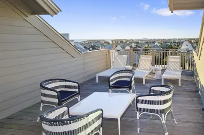 a row of chairs and tables on a patio at Private Pool, Gulf Views & Luxurious Features Throughout this Lovely Residence condo in Panama City Beach