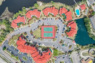 a map of a stadium with red roofs at St Thomas Square by Panhandle Getaways in Panama City Beach