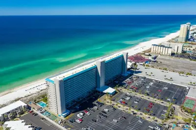 an aerial view of a building on the beach at The Summit 1503 in Panama City Beach