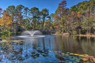 a pond with a fountain in the middle of it at Santa Rosa Beach Townhome Patio, Walk to Beach! in Santa Rosa Beach