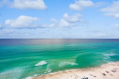an aerial view of the beach and the ocean at Treasure Island #1808 in Panama City Beach