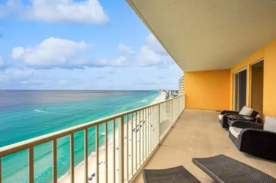 a balcony with a view of the ocean at Treasure Island #1808 in Panama City Beach