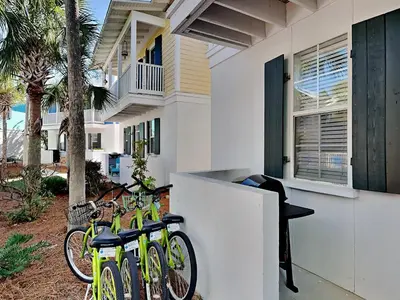 a row of bikes parked in front of a house at Bungalows at Seagrove #149 - Three Little Birds Bungalow 30A in Seagrove Beach