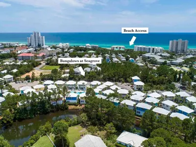 an aerial view of the beach towers resort and the ocean at Bungalows at Seagrove #149 - Three Little Birds Bungalow 30A in Seagrove Beach