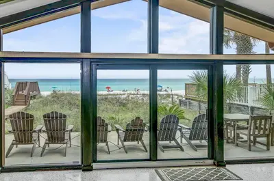a room with a view of the beach through windows at GULF FRONT 3BD/2BA Home with private beach access! in Panama City Beach