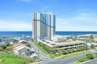 a rendering of a building with the ocean in the background at Seychelles 1609 in Panama City Beach